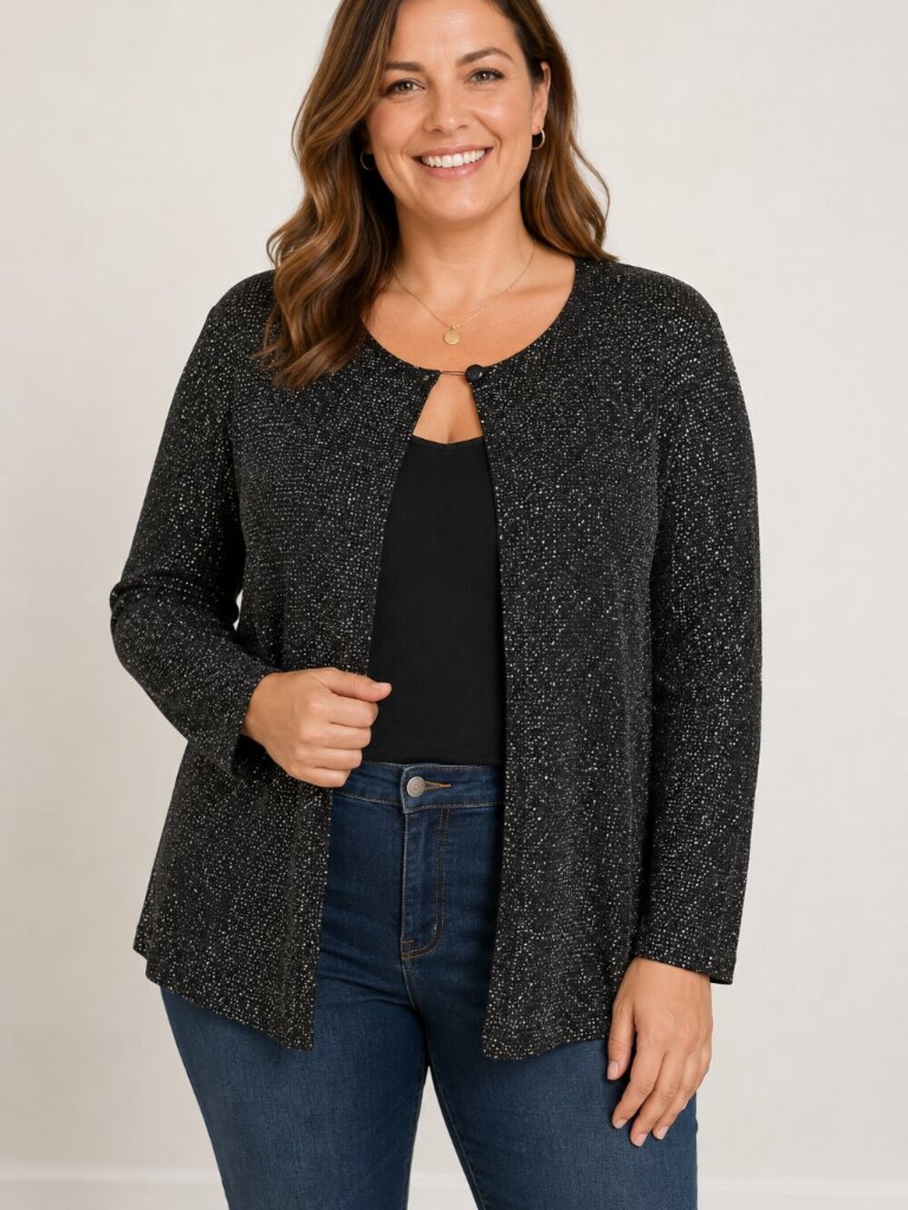 Backs Since 1927 Black Sparkle Cardigan Size L Lightweight Knit Open Front Made